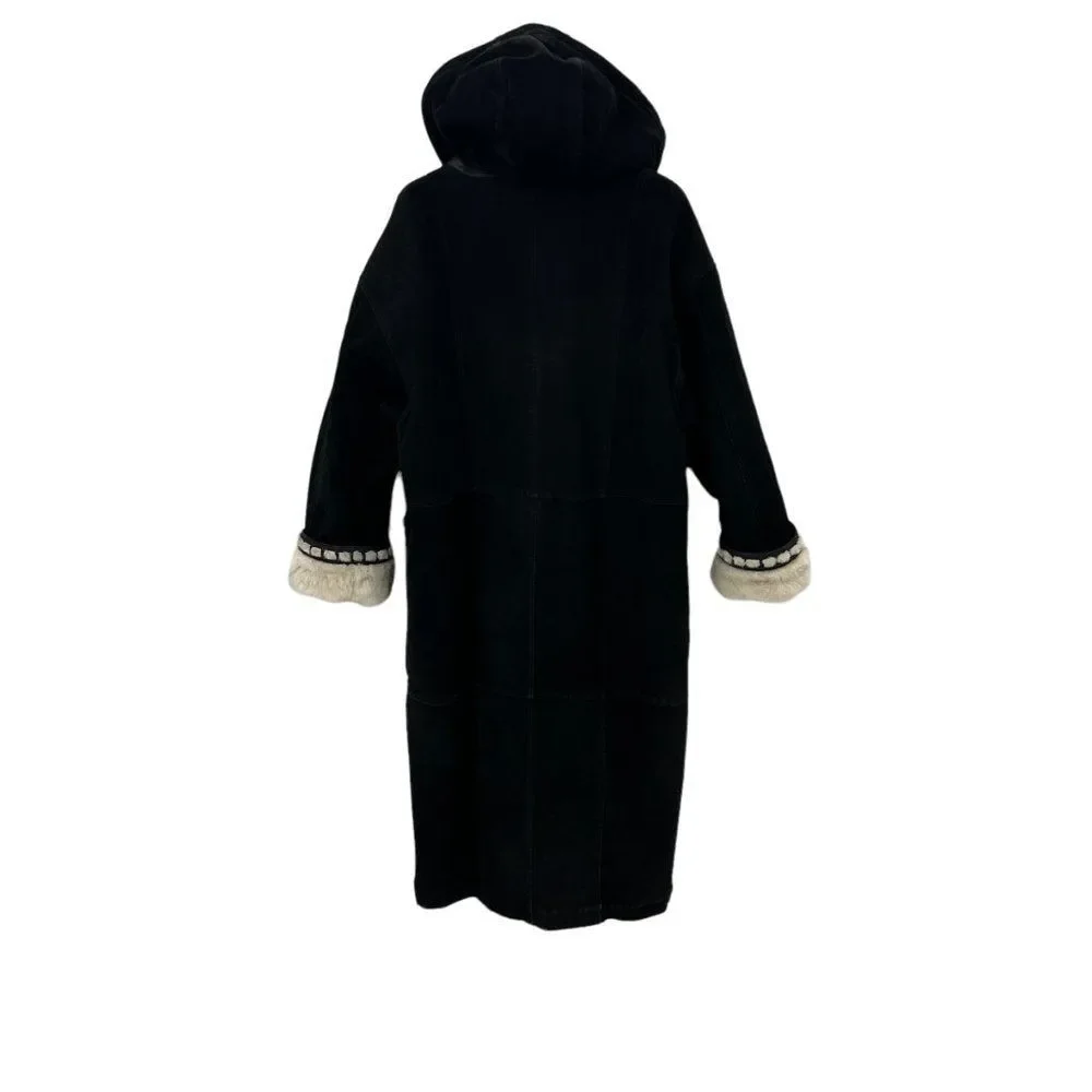 Vintage Sin by Morgan Cooper Black Suede Faux Fur Hooded Trench Coat Jacket L - Picture 7 of 16